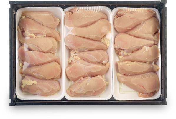 Packaged, raw chicken breasts in a reusable black plastic crate.