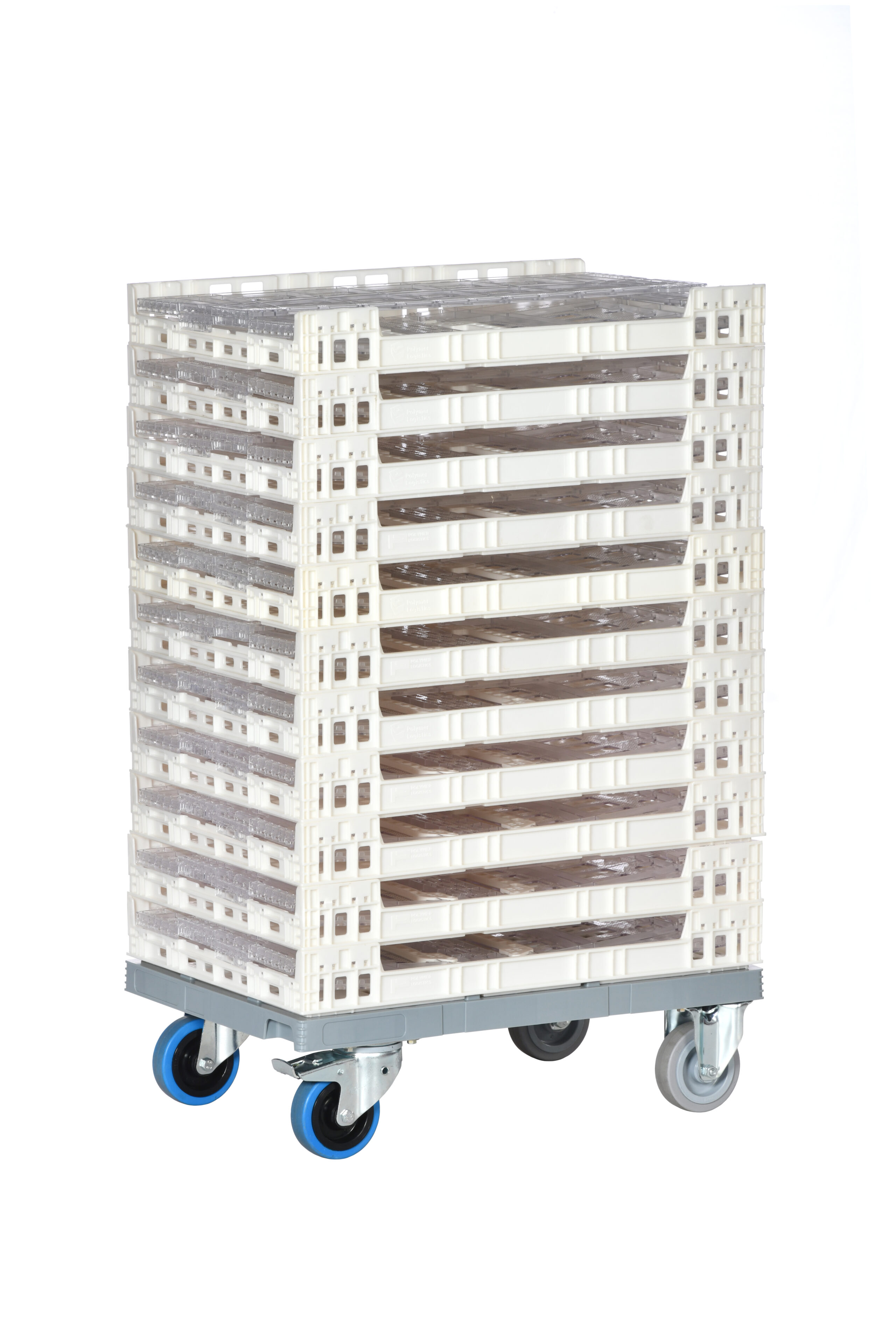 Tosca clear textile crates stacked on top of a mobile dolly for improved labour productivity, in-store replenishment, and display.