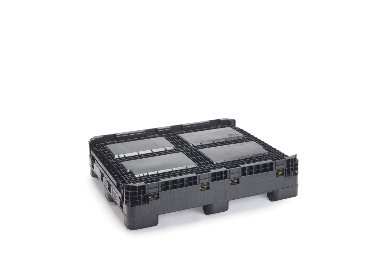 An animated image of Tosca’s collapsible General Purpose Bin opening one side at a time, showcasing ease of use and supply chain efficacy from textile shipping to storage and display.