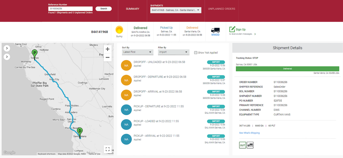 A screenshot of the Tosca Ordering Hub, an innovative shipment tracking and order management system, provides customers with order information, including shipment details, a transport map, and tracking updates.