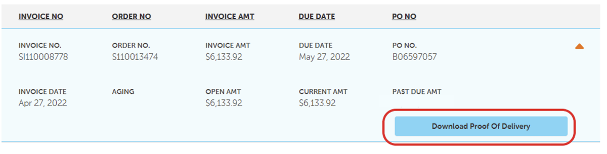 A screenshot of the invoice section of the Tosca Ordering Hub. In addition to the order number, amount, and date, the web page also provides a clickable button for customers to download proof of delivery.