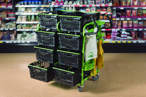 Reusable plastic grocery totes used for in-store home delivery fulfilment, showcasing a sustainable solution for efficient order in-store picking.