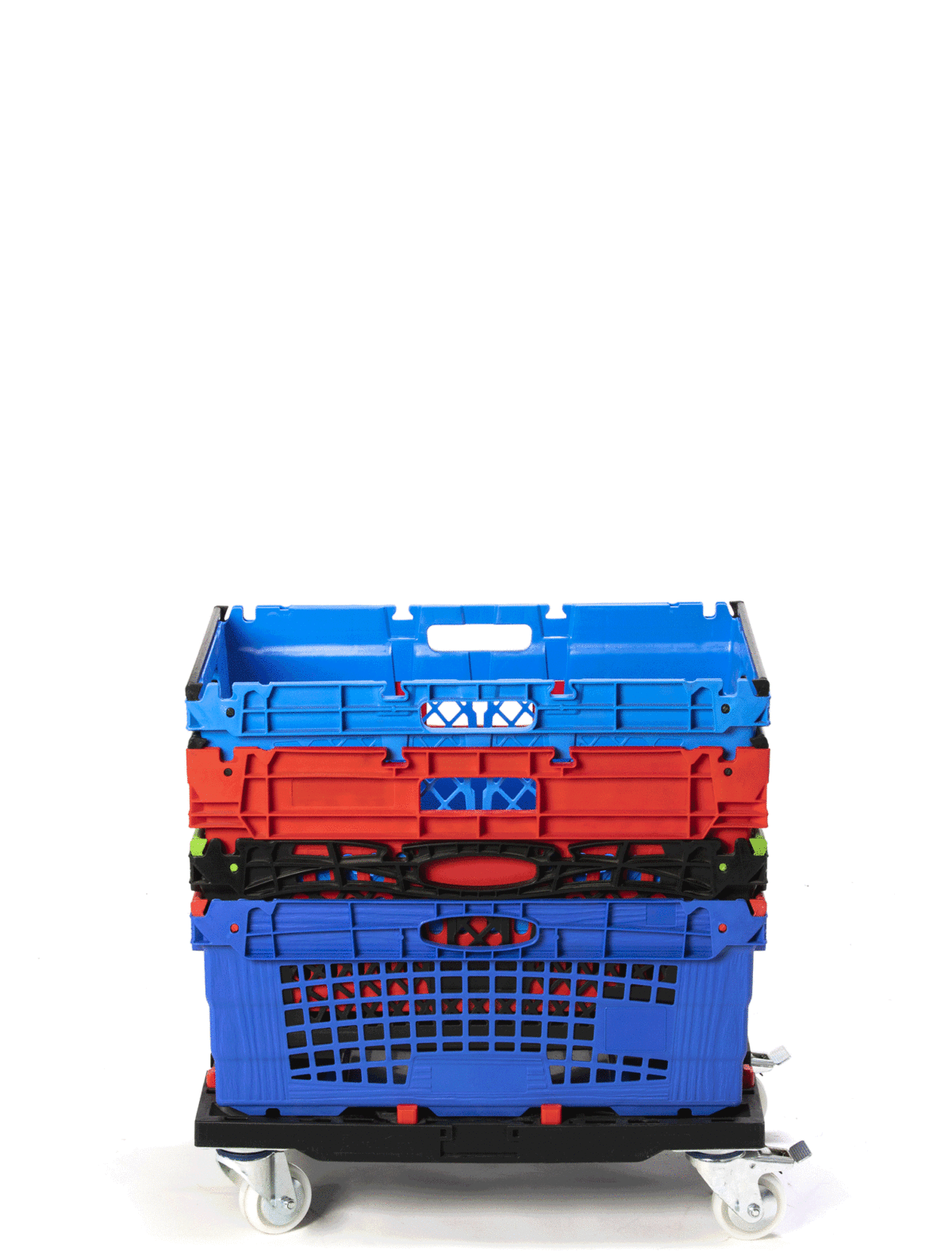 Tosca e-commerce picking totes stack neatly and securely on top of a quarter dolly.