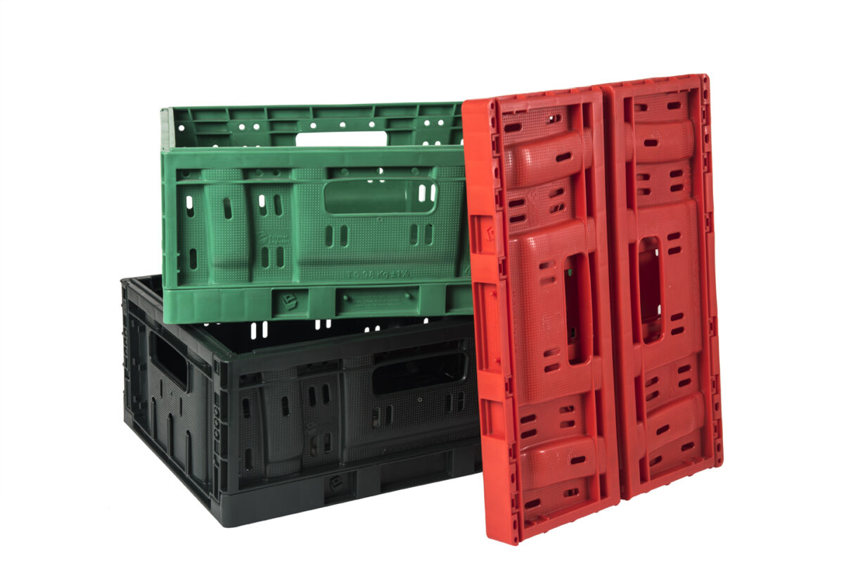 Selection of reusable, sustainable and durable plastic crates in red, green and black.
