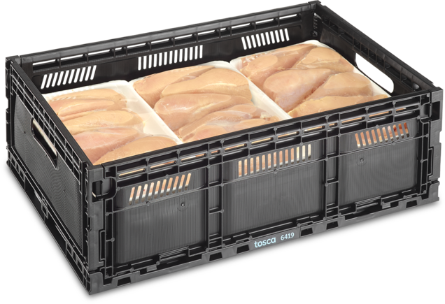 A reusable plastic crate holds packets of chicken breasts, ready for hygienic retail replenishment.