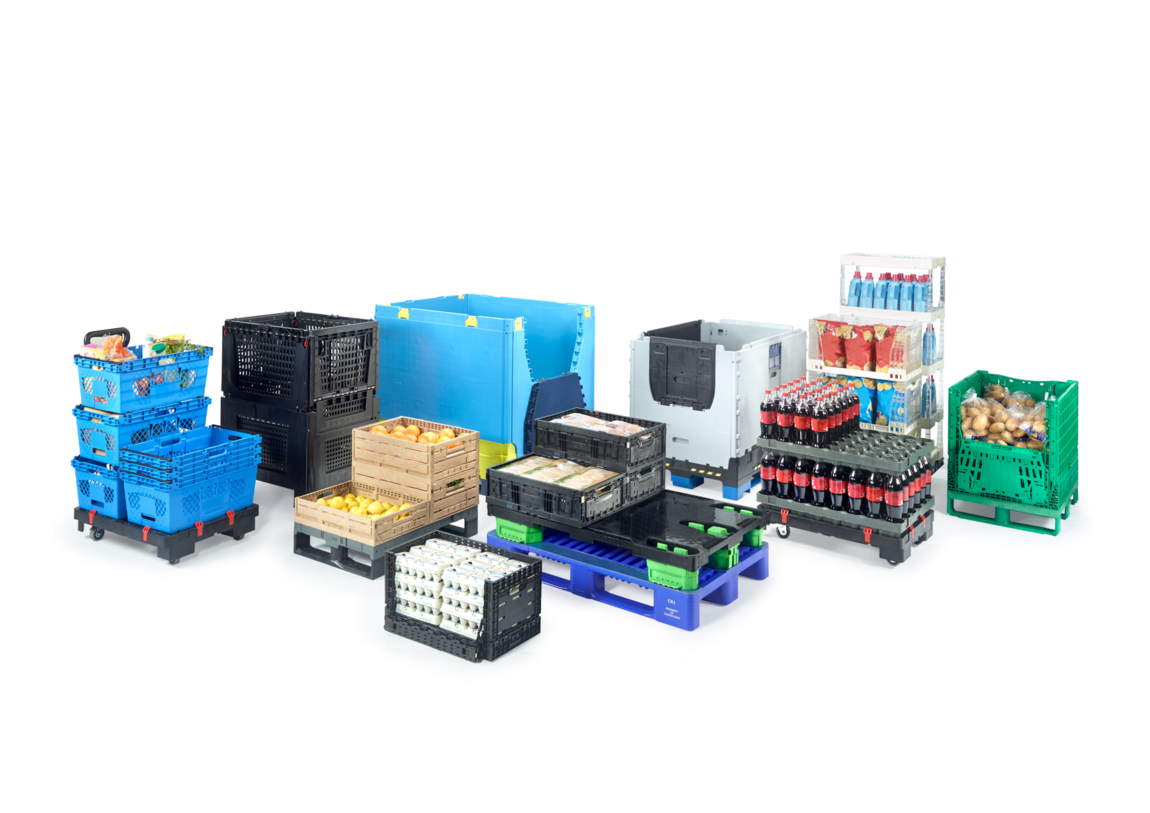 Selection of reusable plastic crates, bulk bins, display bins and pallets to rent.