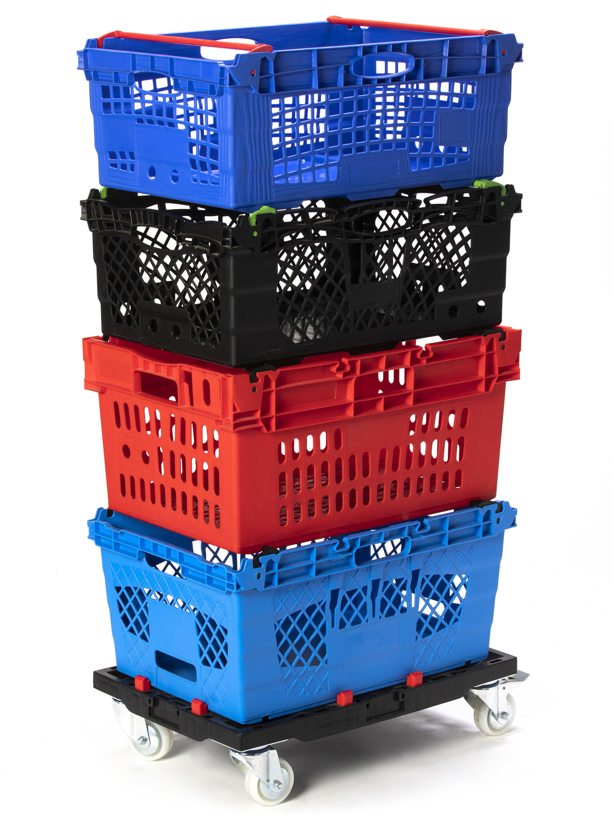 Stacked blue and red reusable, custom e-commerce crates.