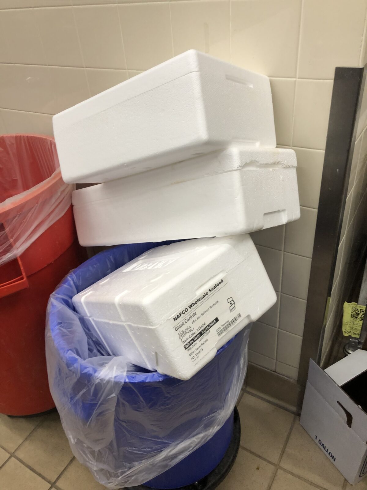 ESP insulated foam salmon storage containers are stacked in rubbish bins.