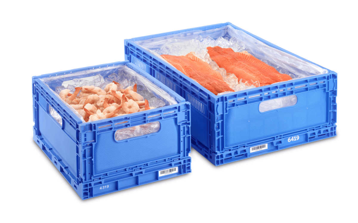 Two Tosca seafood containers: one stores fresh salmon on ice, while the other stores fresh shrimp. Tosca seafood crates are specifically designed for the seafood industry to maintain cold temperatures and preserve freshness.