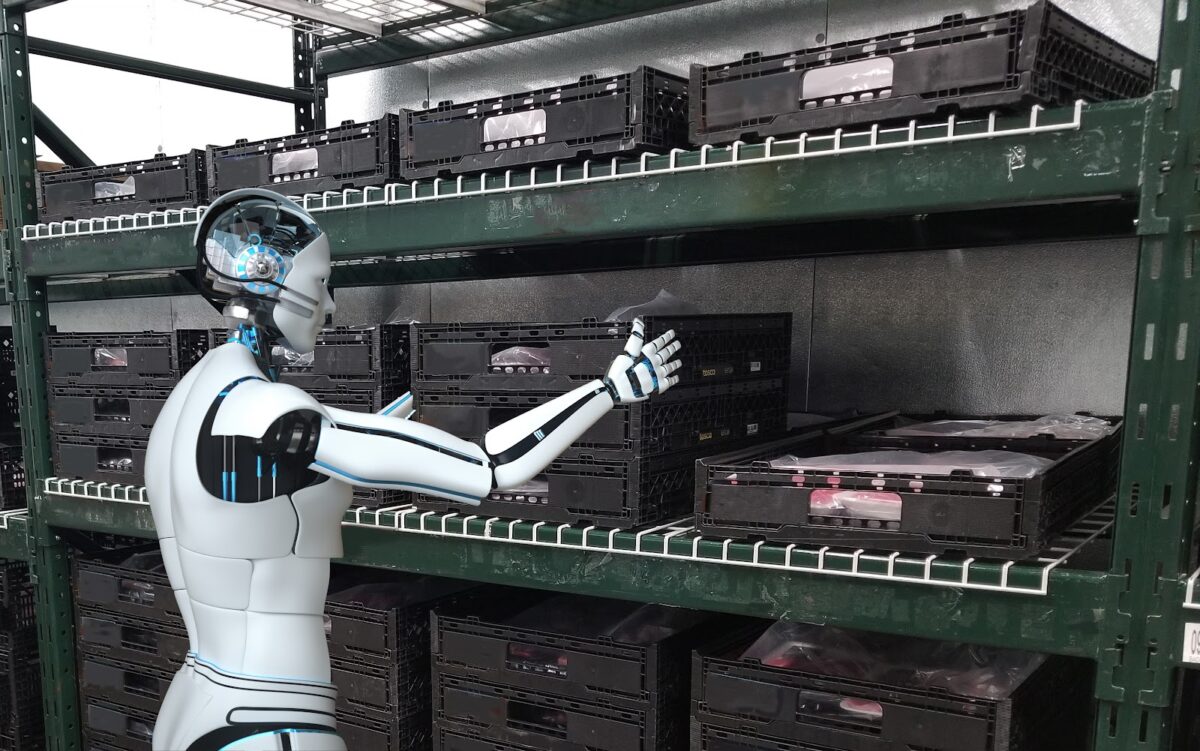 A robot in a refrigerated storage room stacks reusable crates on shelves. The innovation of robotics has transformed modern manufacturing by increasing production, minimizing errors, and enhancing efficiency.