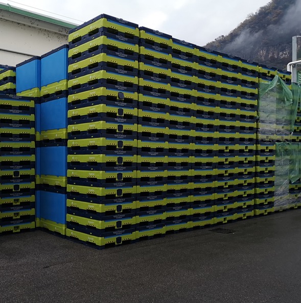 Stacked Tosca Superior Hybrid containers: folded or unfolded, these liquid bulk plastic bins stack safely and save space.