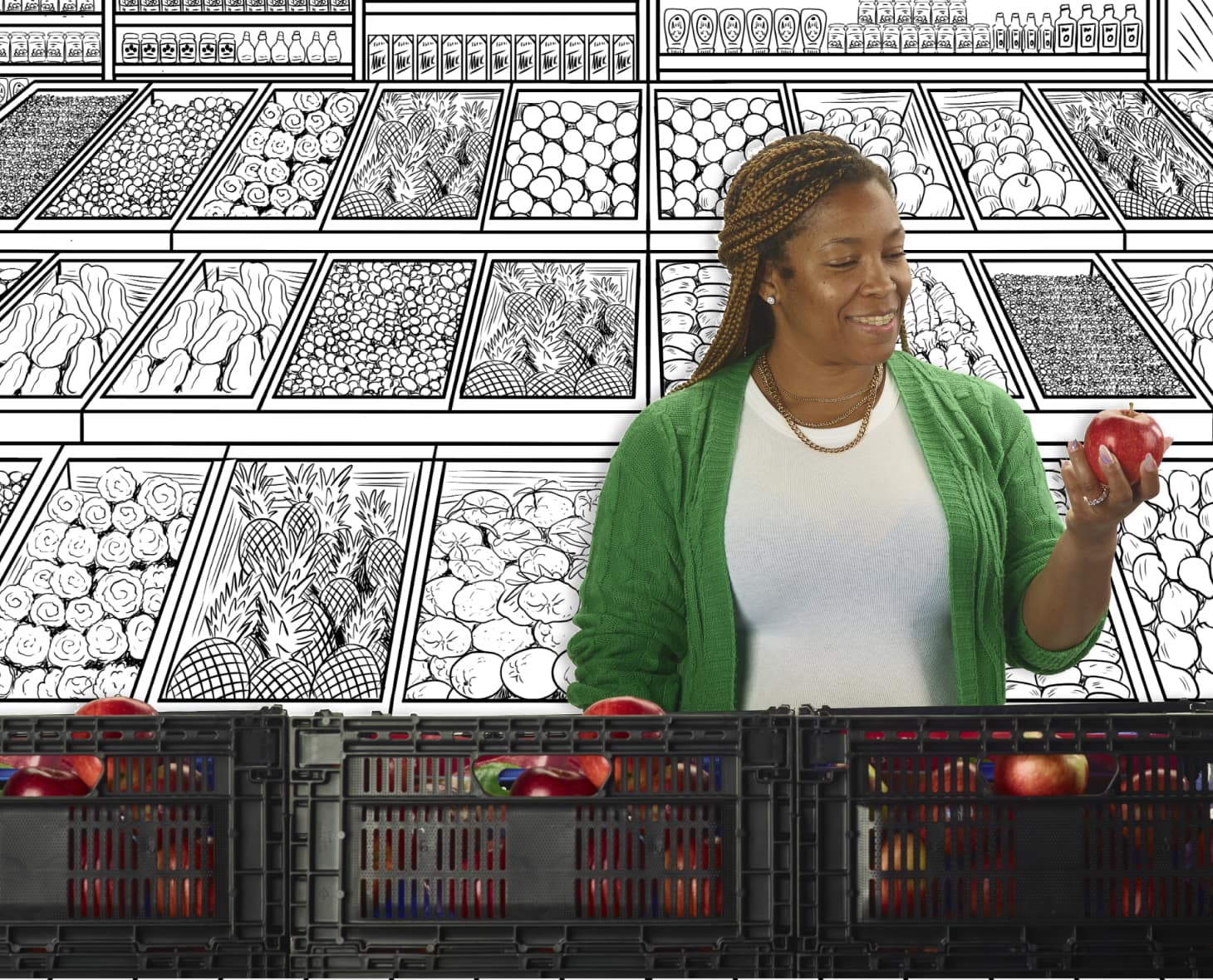 Shopper looking at an apple in front of an illustration of grocery aisle with reusable plastic boxes in the foreground