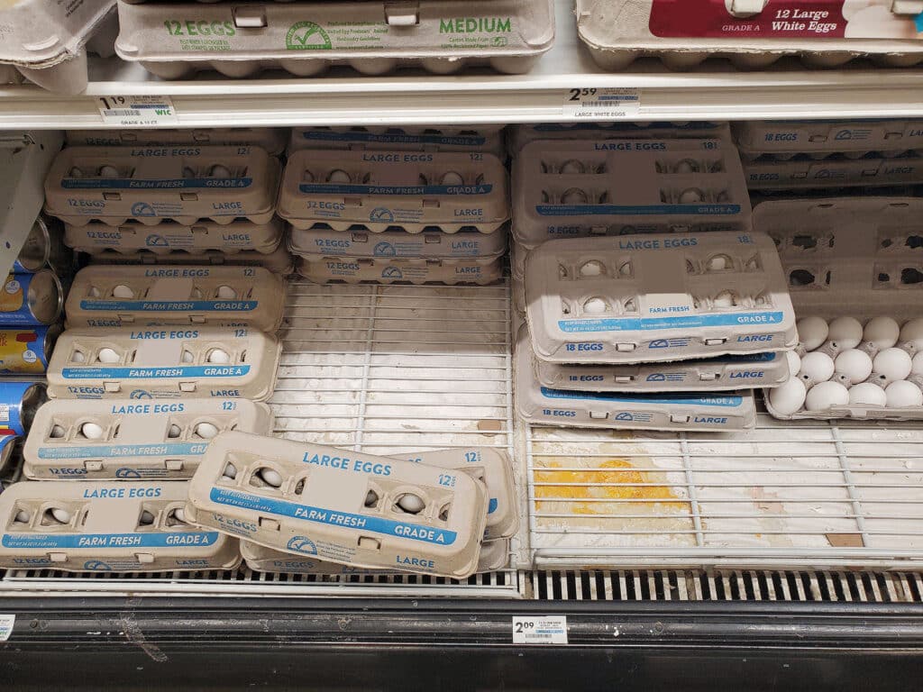 Disorganized cartons of eggs are displayed directly on a store’s refrigerator wire shelf, with cracked egg yolk spillage staining the area beneath the rack.